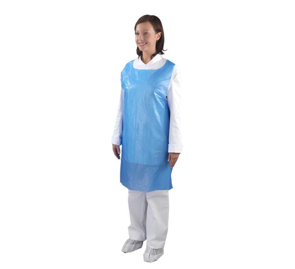 Blue plastic disposable aprons